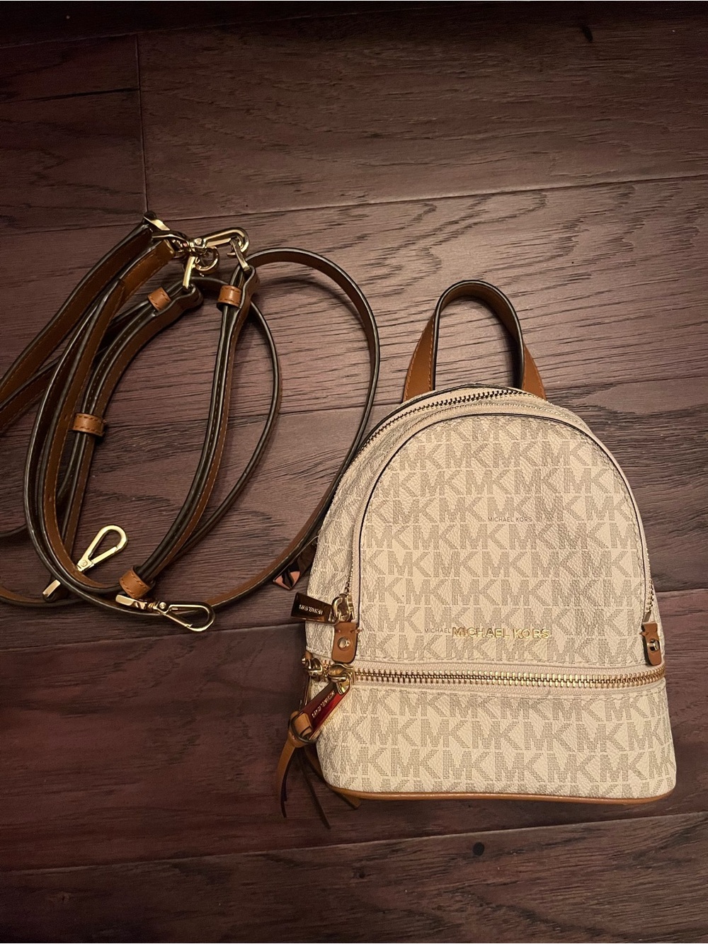 MICHAEL KORS Beige Logo Mini Backpack with Tan Leather Trim